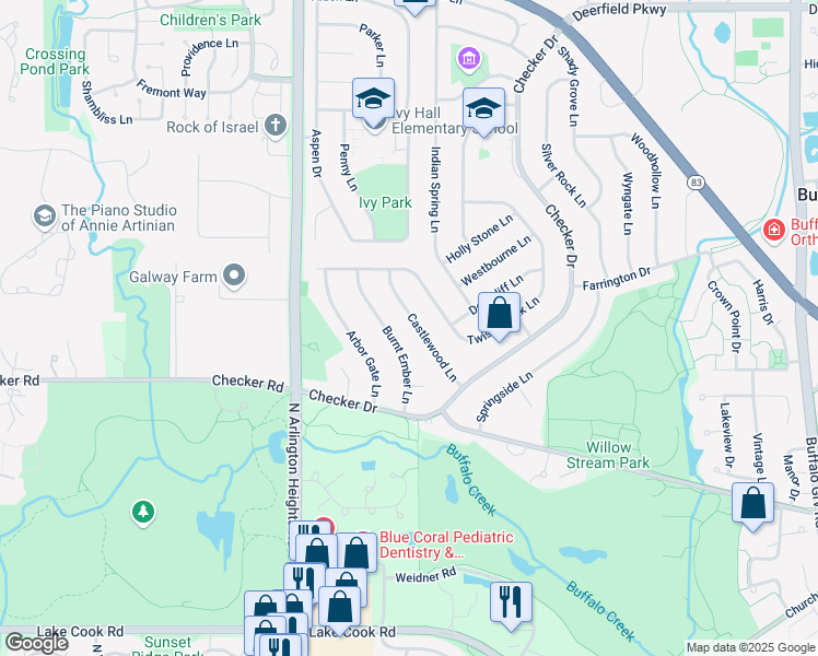 map of restaurants, bars, coffee shops, grocery stores, and more near 460 Burnt Ember Lane in Buffalo Grove