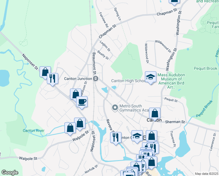 map of restaurants, bars, coffee shops, grocery stores, and more near Sherman St & Revere St in Canton