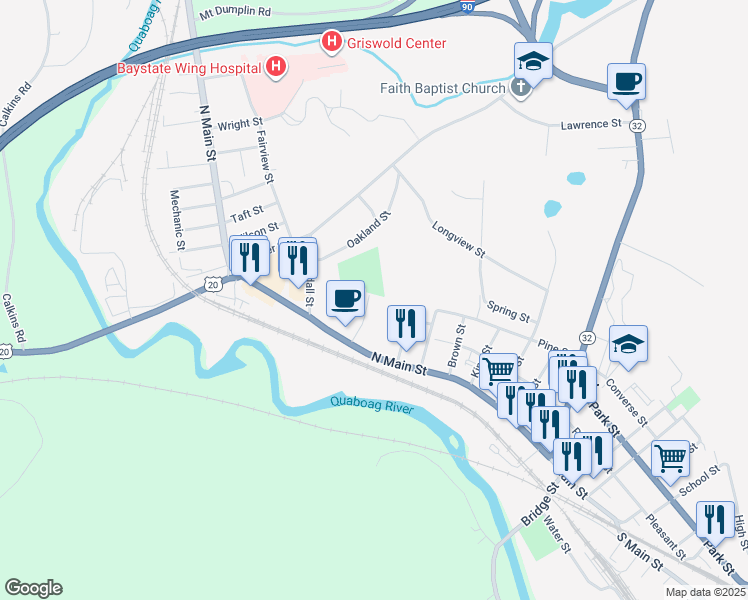 map of restaurants, bars, coffee shops, grocery stores, and more near 33 Shaw Street in Palmer