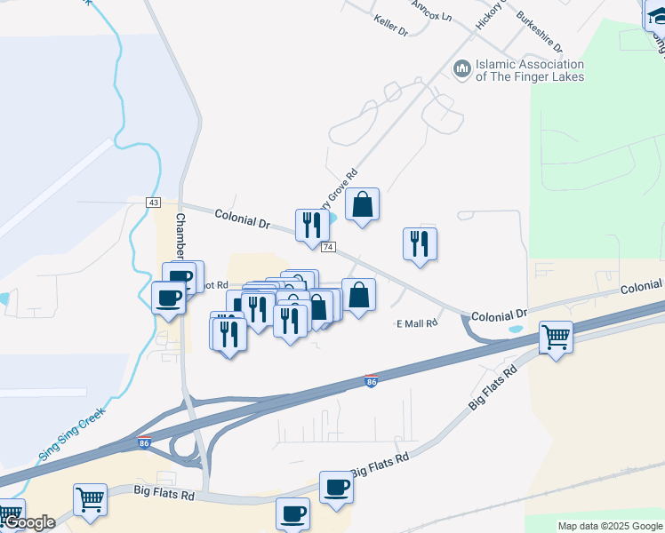 map of restaurants, bars, coffee shops, grocery stores, and more near 51 Arnot Road in Horseheads