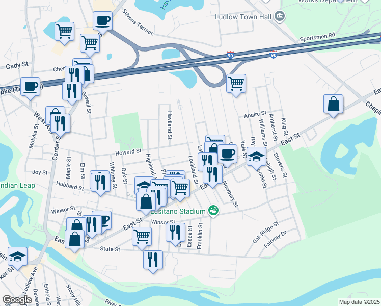 map of restaurants, bars, coffee shops, grocery stores, and more near 59 Lockland Street in Ludlow