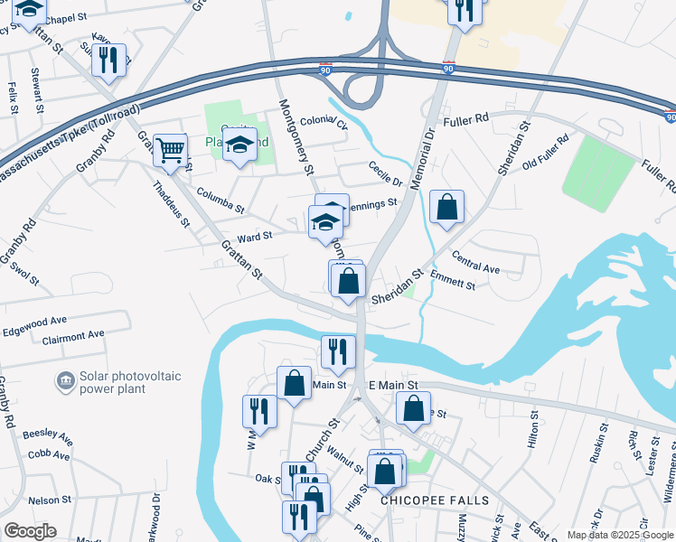 map of restaurants, bars, coffee shops, grocery stores, and more near 38 Wells Avenue in Chicopee