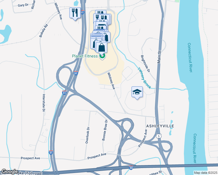 map of restaurants, bars, coffee shops, grocery stores, and more near 107 Whitney Avenue in West Springfield