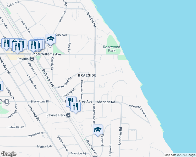map of restaurants, bars, coffee shops, grocery stores, and more near 547 Sheridan Road in Highland Park