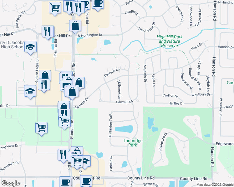 map of restaurants, bars, coffee shops, grocery stores, and more near 1128 Sawmill Lane in Algonquin