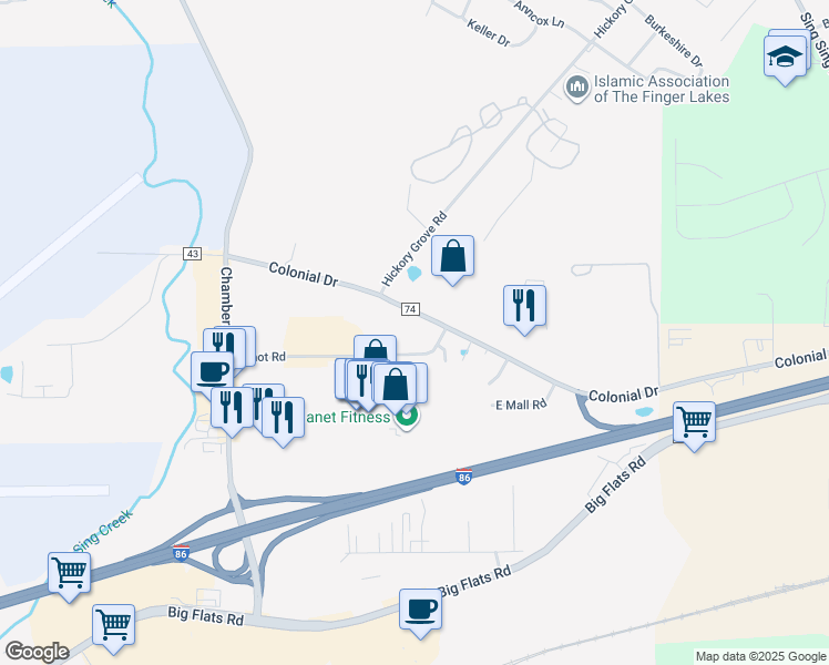 map of restaurants, bars, coffee shops, grocery stores, and more near 51 Arnot Road in Horseheads