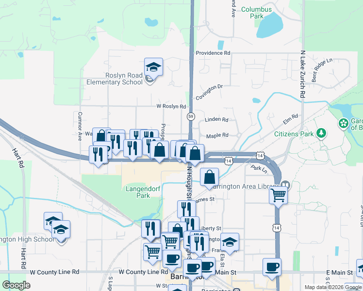map of restaurants, bars, coffee shops, grocery stores, and more near 110 West Northwest Highway in Barrington
