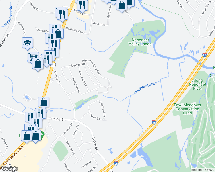map of restaurants, bars, coffee shops, grocery stores, and more near 118 Hampden Drive in Norwood