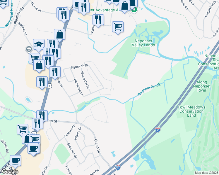 map of restaurants, bars, coffee shops, grocery stores, and more near 100 Hampden Drive in Norwood
