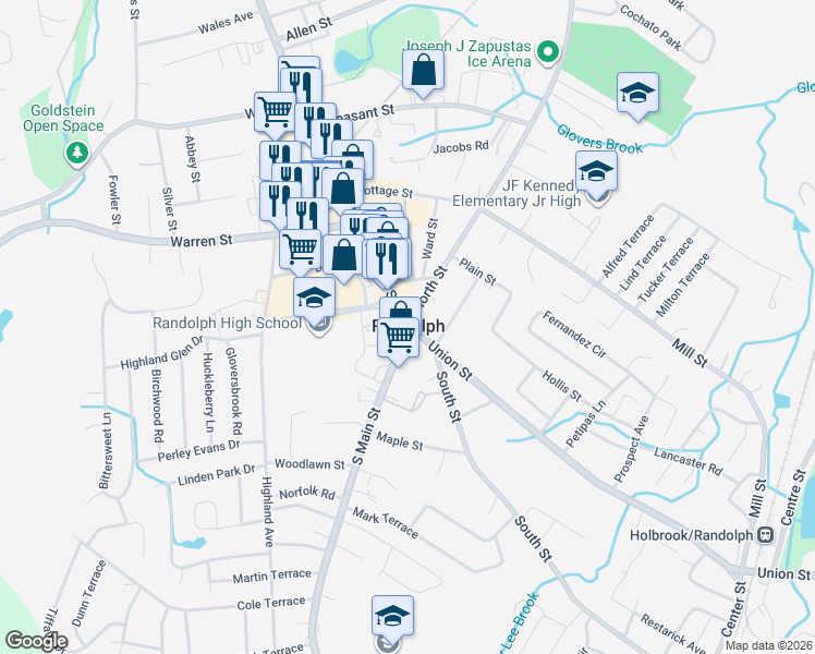 map of restaurants, bars, coffee shops, grocery stores, and more near 1 S Main St in Randolph