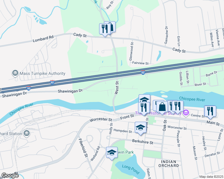 map of restaurants, bars, coffee shops, grocery stores, and more near 4 Shawinigan Drive in Ludlow