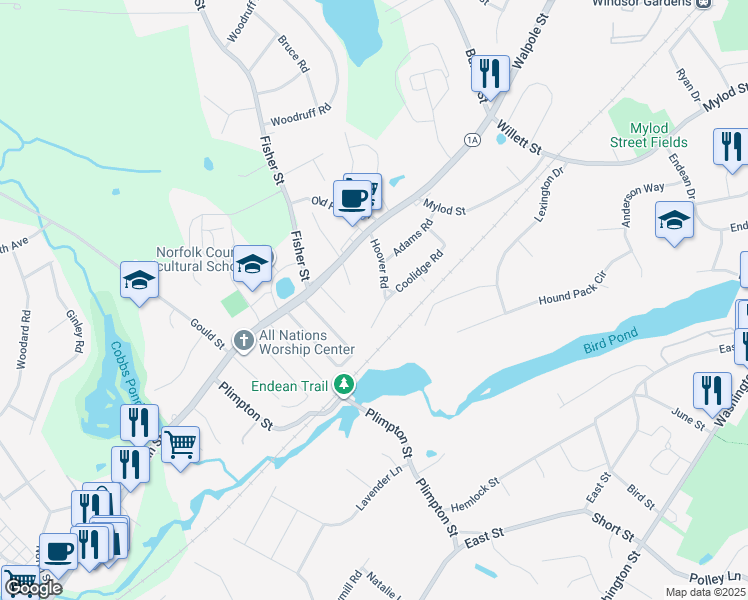 map of restaurants, bars, coffee shops, grocery stores, and more near 55 Hoover Road in Walpole