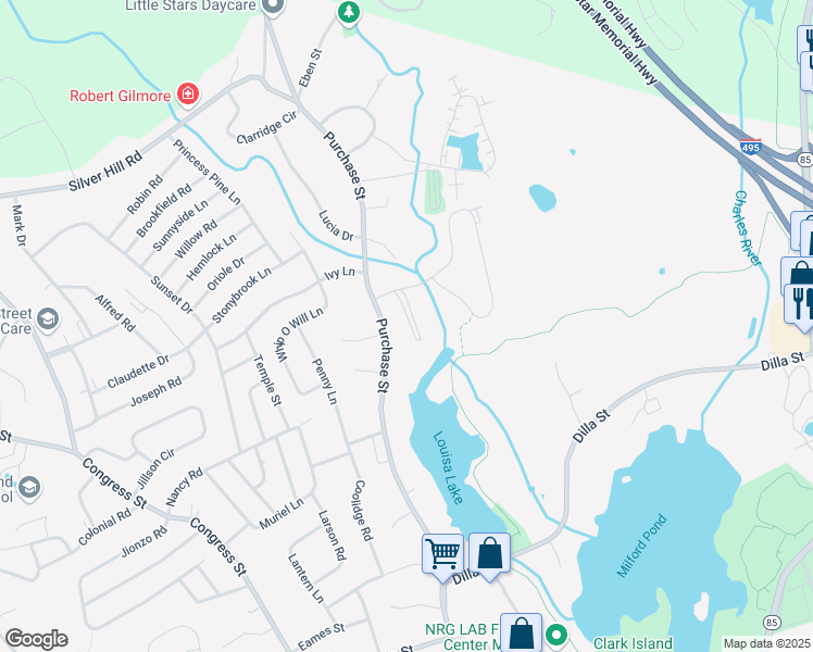 map of restaurants, bars, coffee shops, grocery stores, and more near 155 Purchase Street in Milford
