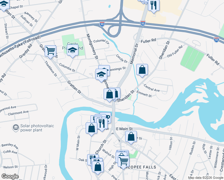 map of restaurants, bars, coffee shops, grocery stores, and more near in Chicopee