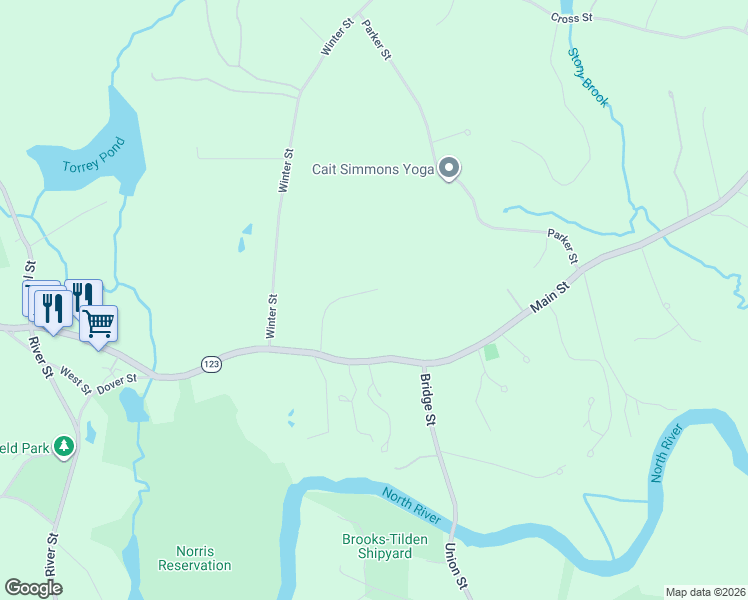 map of restaurants, bars, coffee shops, grocery stores, and more near 50 May Elm Lane in Norwell