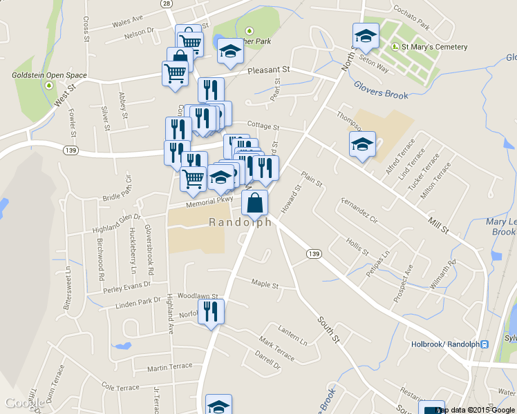 map of restaurants, bars, coffee shops, grocery stores, and more near 1-19 North Main Street in Randolph