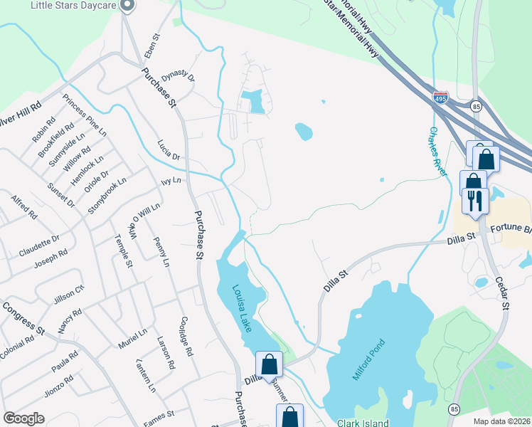 map of restaurants, bars, coffee shops, grocery stores, and more near 5 Shadowbrook Lane in Milford
