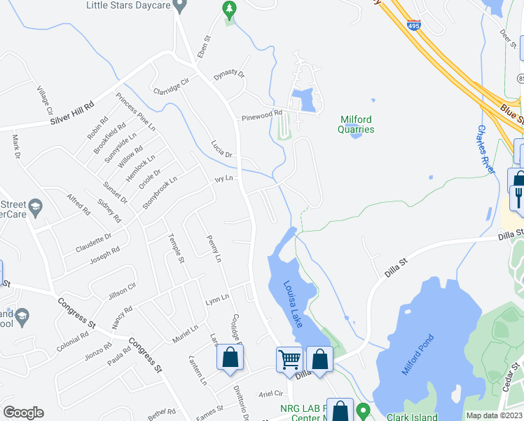 map of restaurants, bars, coffee shops, grocery stores, and more near 2 Kennedy Lane in Milford