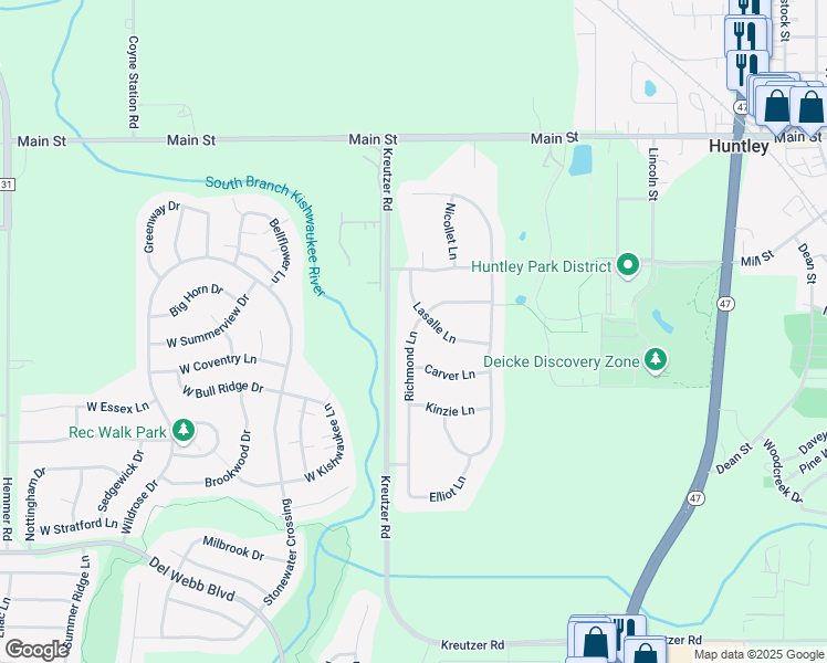 map of restaurants, bars, coffee shops, grocery stores, and more near 11485 Richmond Lane in Huntley