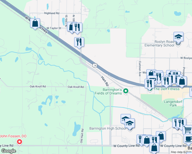 map of restaurants, bars, coffee shops, grocery stores, and more near 800 Hart Road in Barrington