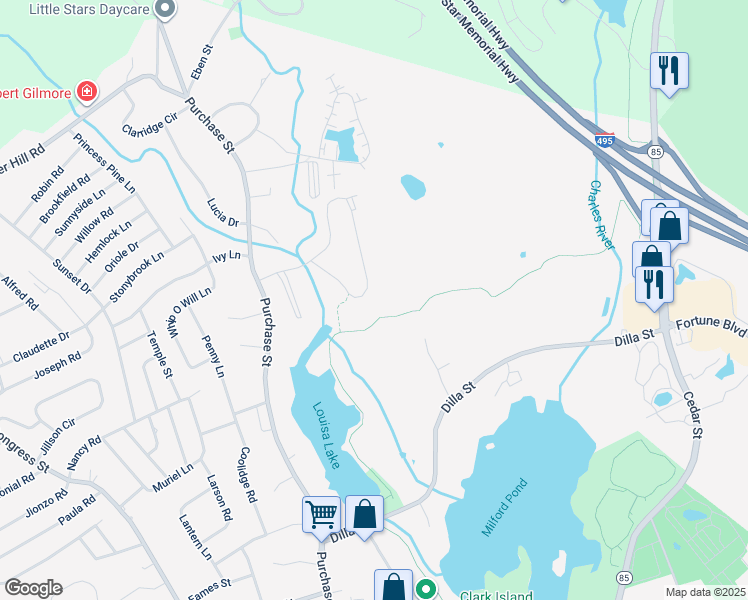 map of restaurants, bars, coffee shops, grocery stores, and more near 3 Shadowbrook Lane in Milford