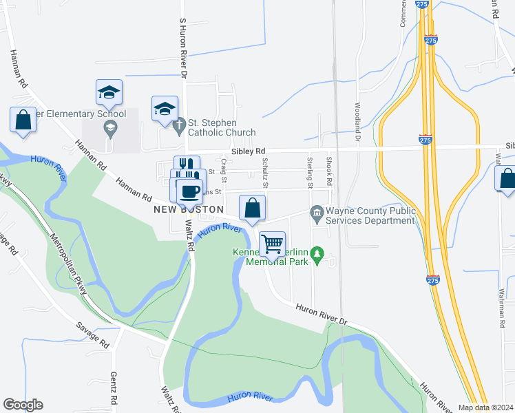 map of restaurants, bars, coffee shops, grocery stores, and more near 19260 Schultz Street in Huron Charter Township