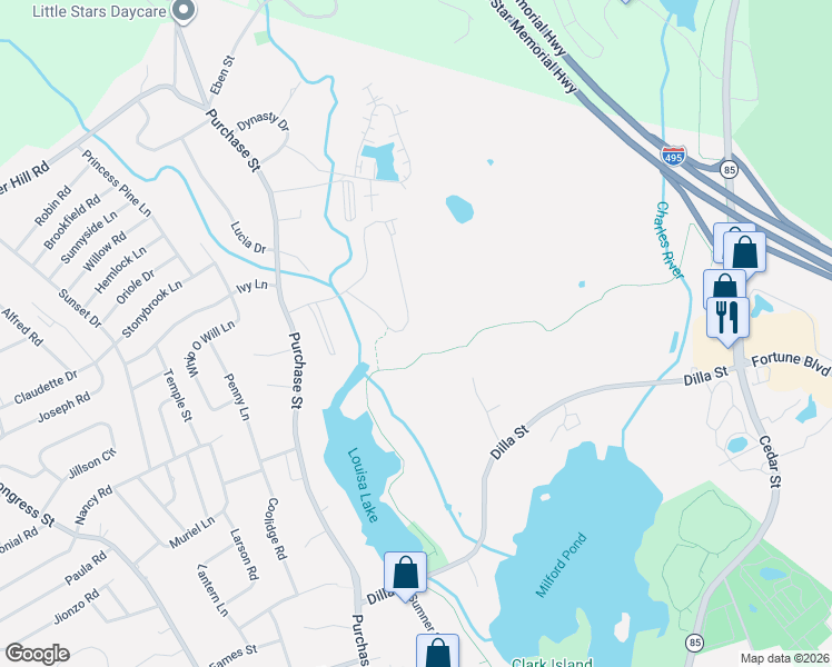 map of restaurants, bars, coffee shops, grocery stores, and more near 9 Shadowbrook Lane in Milford