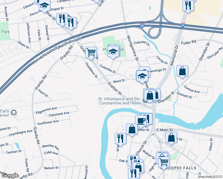 map of restaurants, bars, coffee shops, grocery stores, and more near 194 Grattan Street in Chicopee