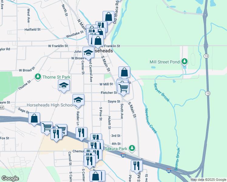 map of restaurants, bars, coffee shops, grocery stores, and more near 100-132 East Mill Street in Horseheads