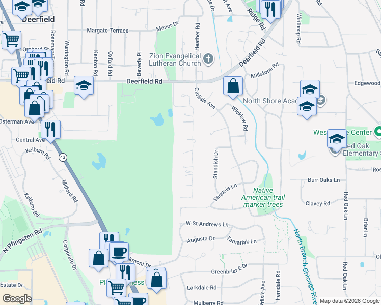 map of restaurants, bars, coffee shops, grocery stores, and more near 565 Brierhill Road in Deerfield