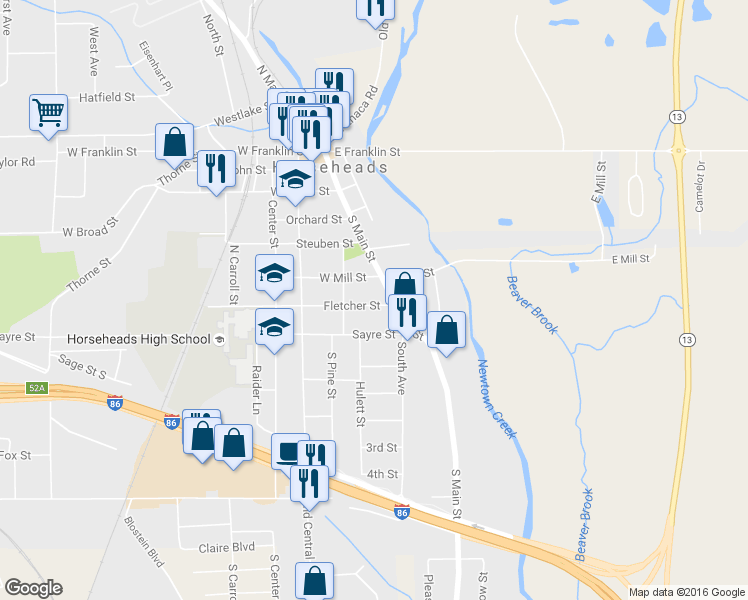 map of restaurants, bars, coffee shops, grocery stores, and more near 106 Fletcher Street in Horseheads