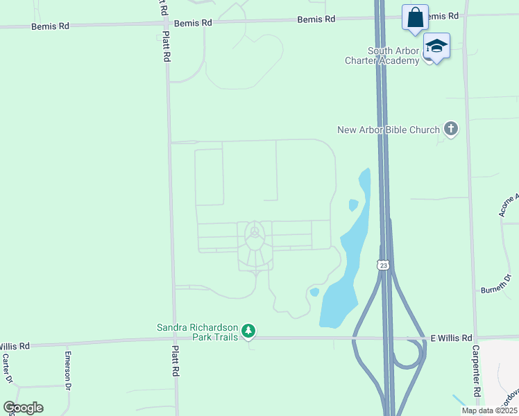 map of restaurants, bars, coffee shops, grocery stores, and more near 8777 Platt Road in Saline