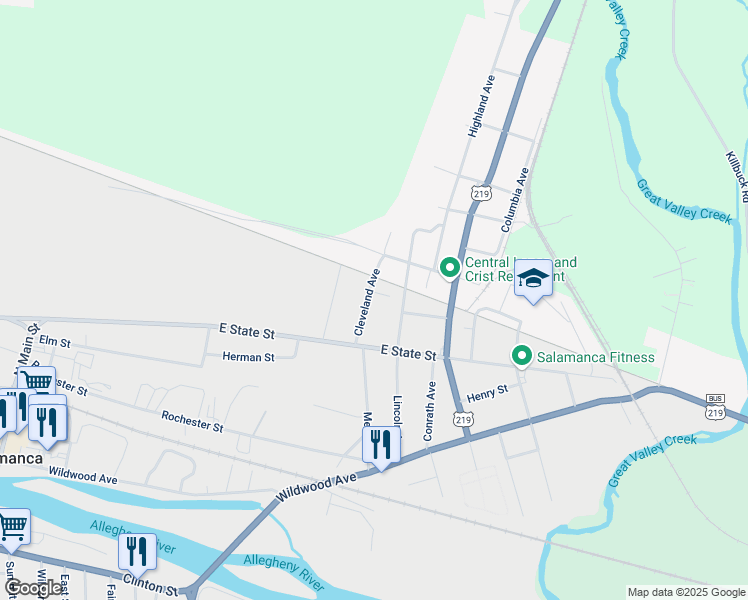 map of restaurants, bars, coffee shops, grocery stores, and more near 76 Cleveland Avenue in Salamanca