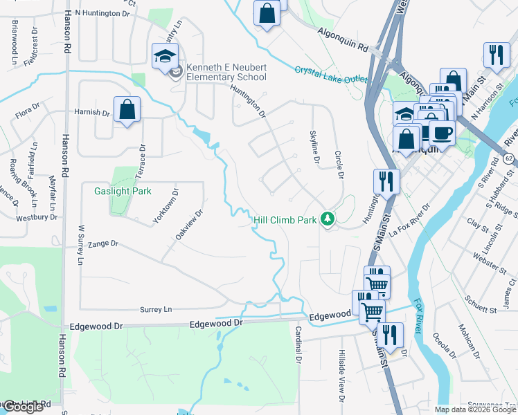 map of restaurants, bars, coffee shops, grocery stores, and more near 615 Harper Drive in Algonquin