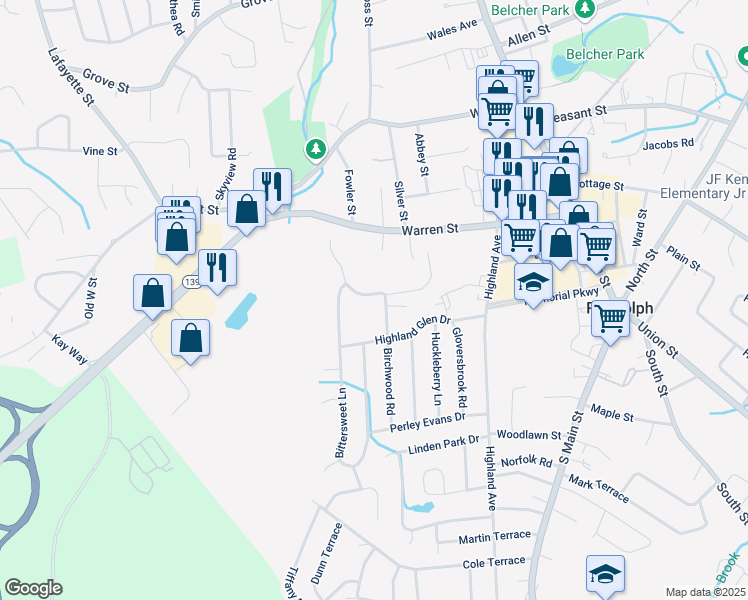 map of restaurants, bars, coffee shops, grocery stores, and more near 51 Bridle Path Circle in Randolph