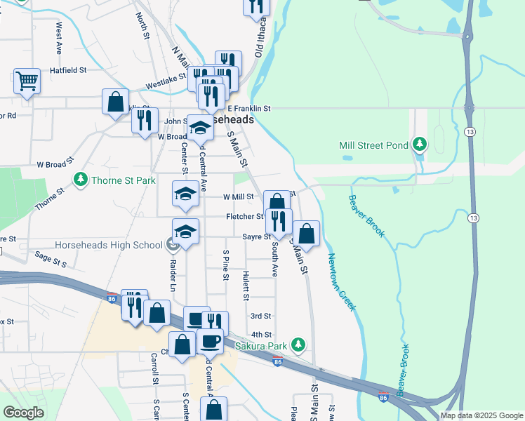 map of restaurants, bars, coffee shops, grocery stores, and more near 606 South Main Street in Horseheads