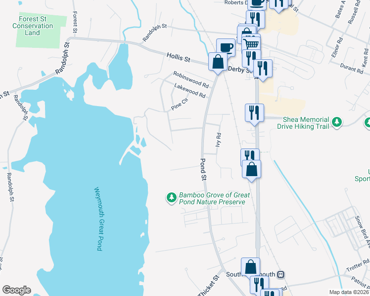 map of restaurants, bars, coffee shops, grocery stores, and more near 56 Great Pond Road in Weymouth