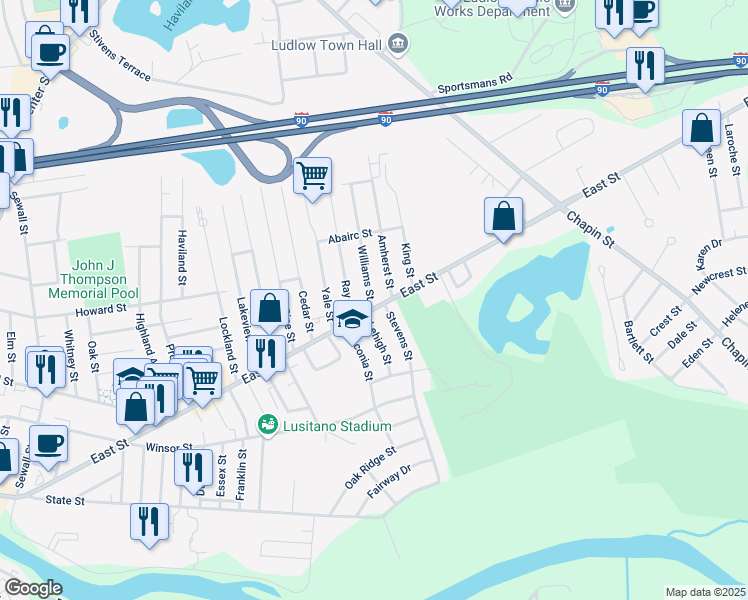 map of restaurants, bars, coffee shops, grocery stores, and more near 25 Williams Street in Ludlow