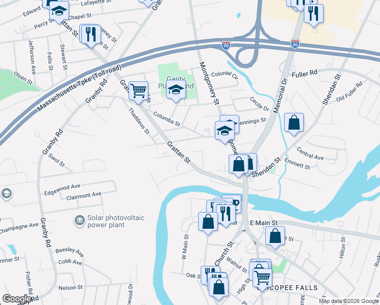 map of restaurants, bars, coffee shops, grocery stores, and more near 37 Ward Street in Chicopee