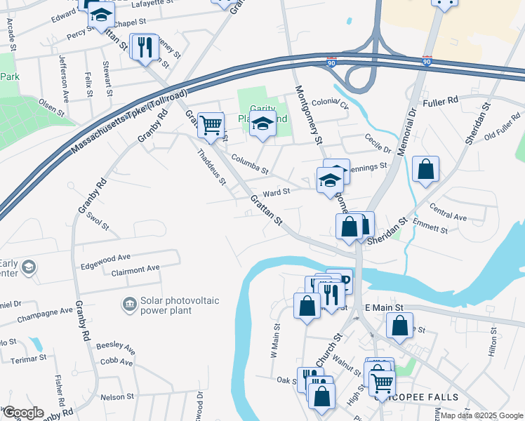 map of restaurants, bars, coffee shops, grocery stores, and more near 194 Grattan Street in Chicopee