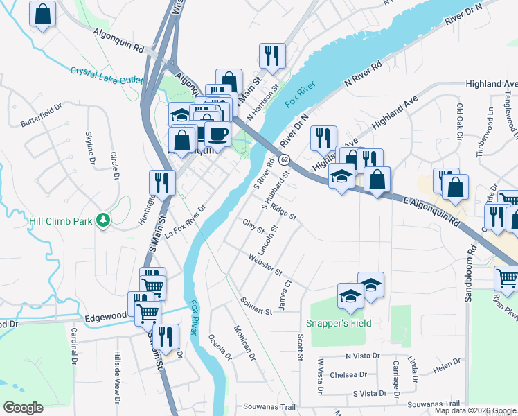 map of restaurants, bars, coffee shops, grocery stores, and more near 308 South Hubbard Street in Algonquin