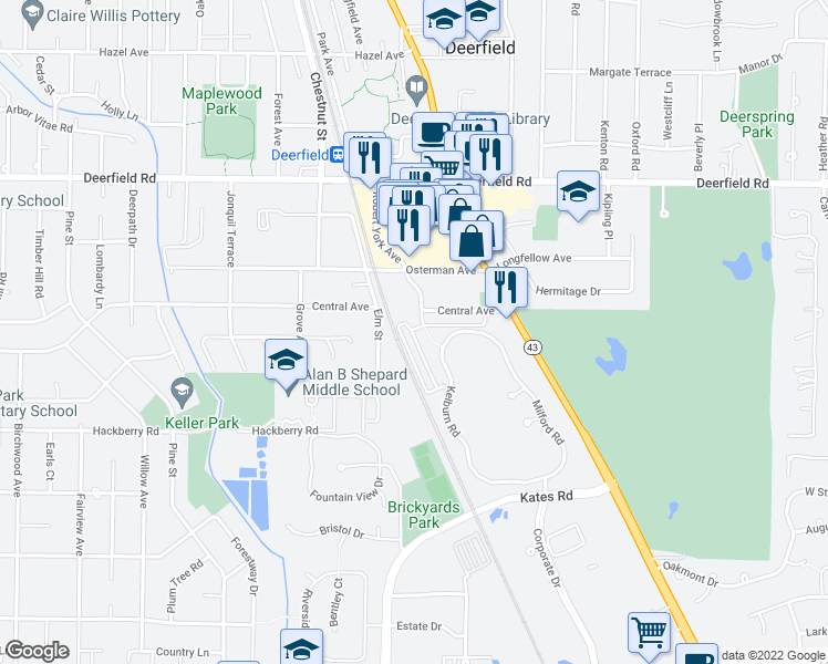 map of restaurants, bars, coffee shops, grocery stores, and more near 640 Robert York Avenue in Deerfield
