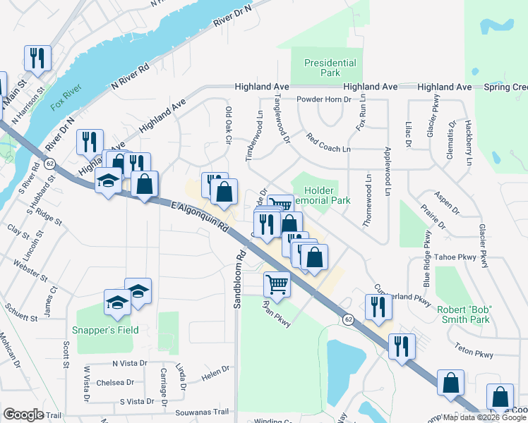 map of restaurants, bars, coffee shops, grocery stores, and more near 1040 Perry Drive in Algonquin