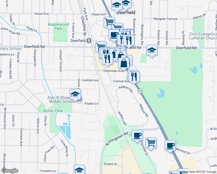 map of restaurants, bars, coffee shops, grocery stores, and more near 640 Robert York Avenue in Deerfield