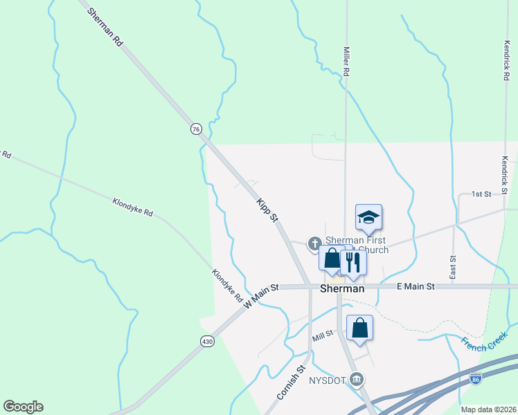 map of restaurants, bars, coffee shops, grocery stores, and more near 141 Kipp Street in Sherman