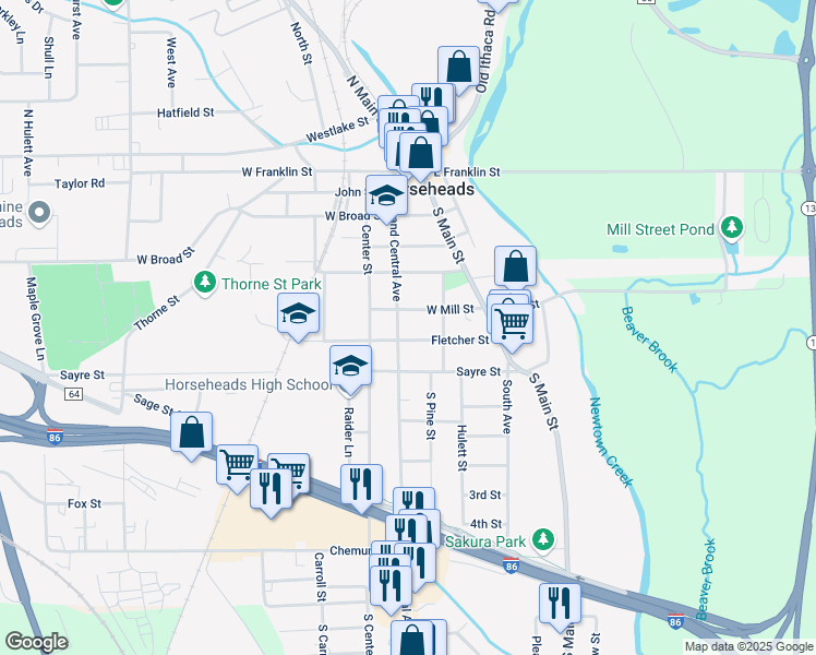 map of restaurants, bars, coffee shops, grocery stores, and more near 207 West Mill Street in Horseheads