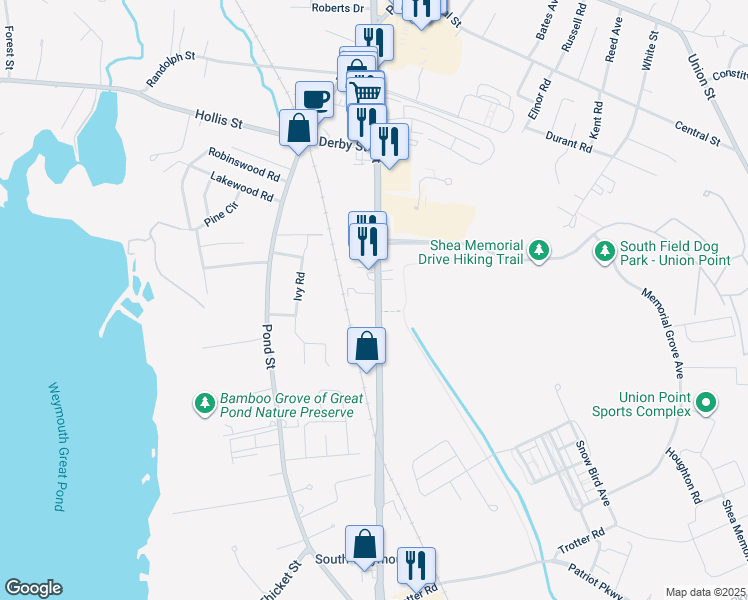 map of restaurants, bars, coffee shops, grocery stores, and more near 7 Woodcrest Court in Weymouth