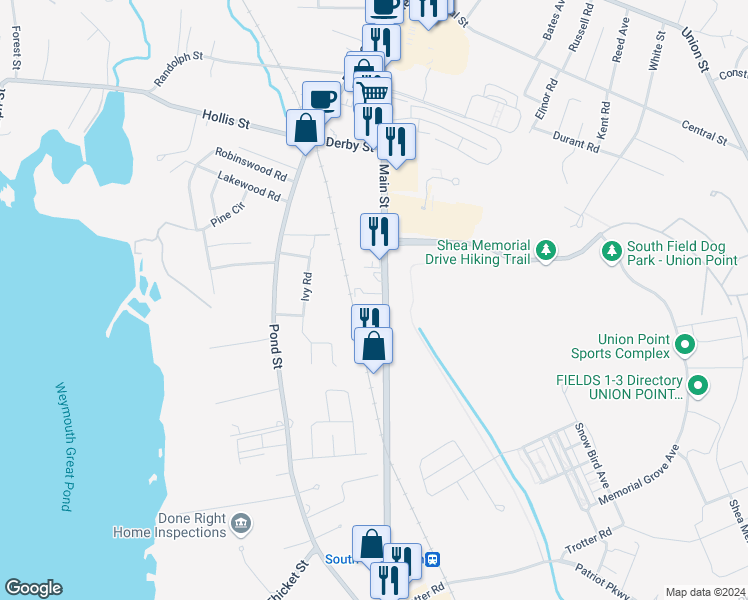 map of restaurants, bars, coffee shops, grocery stores, and more near 7 Woodcrest Court in Weymouth