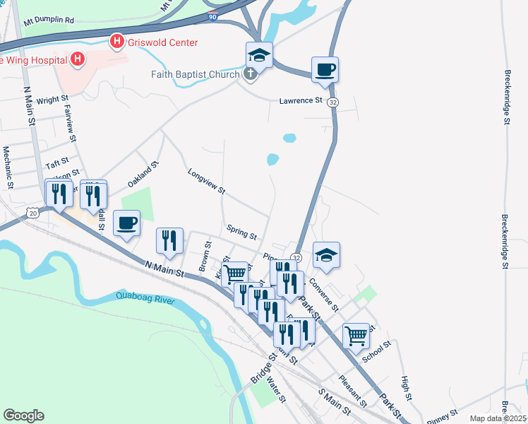 map of restaurants, bars, coffee shops, grocery stores, and more near 76 Squier Street in Palmer