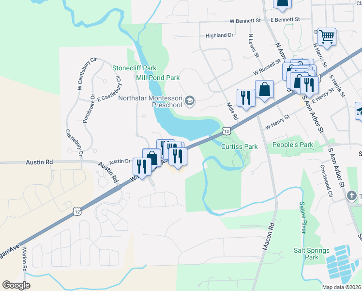 map of restaurants, bars, coffee shops, grocery stores, and more near 600 West Michigan Avenue in Saline